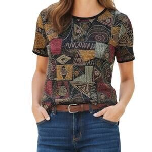 Hermann Lange Multicolor Black Red Beaded Blouse Womens 38 Small Medium